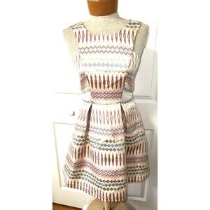 BCBGeneration NWT Dress Women 2 Beige Aztec Fit Flare Short Sleeveless Metalic